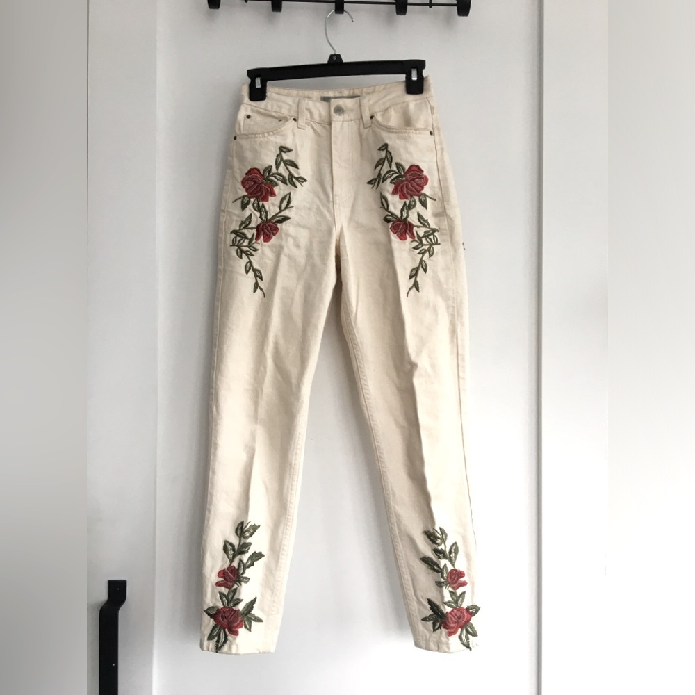 White embroidered rose mom jeans